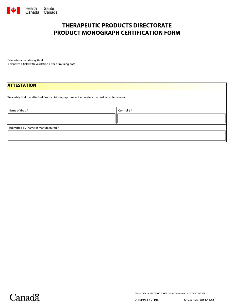 Product Monograph Certification Form - Canada (English / French), Page 1