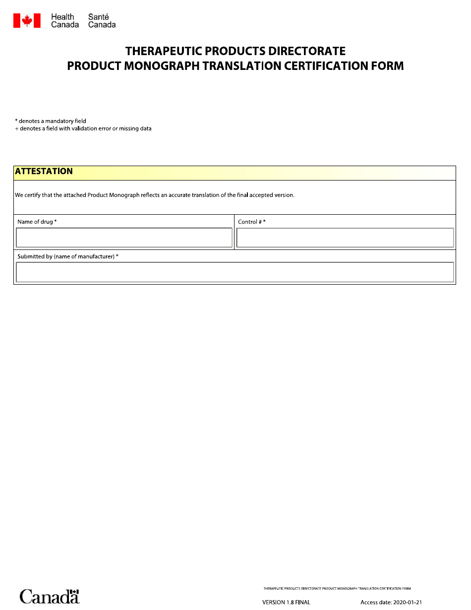 Product Monograph Translation Certification Form - Canada (English / French), Page 1