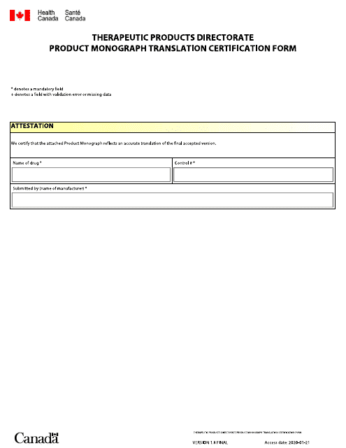 Product Monograph Translation Certification Form - Canada (English / French) Download Pdf