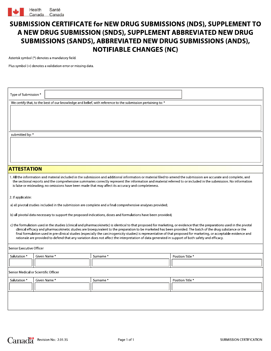 Submission Certificate for New Drug Submissions (Nds), Supplement to a New Drug Submission (Snds), Supplement Abbreviated New Drug Submissions (Sands), Abbreviated New Drug Submissions (Ands), Notifiable Changes (Nc) - Canada, Page 1