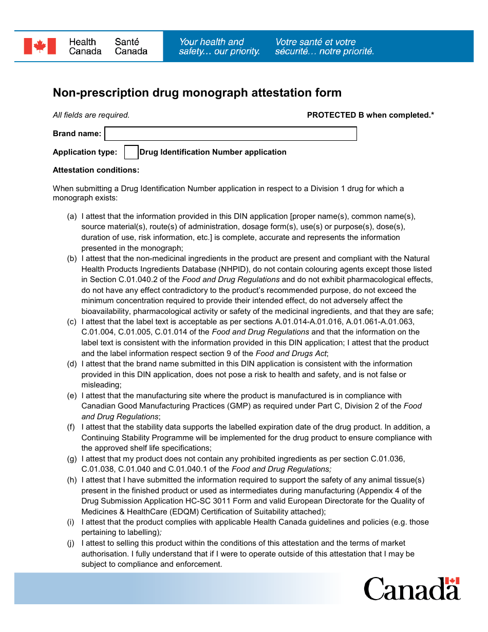 Non-prescription Drug Monograph Attestation Form - Canada, Page 1