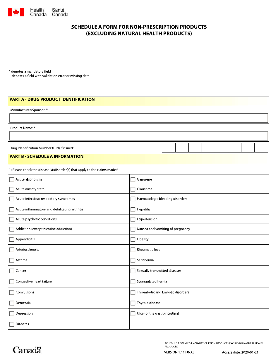 Schedule A Form for Nonprescription Products (Excluding Natural Health Products) - Canada (English / French), Page 1