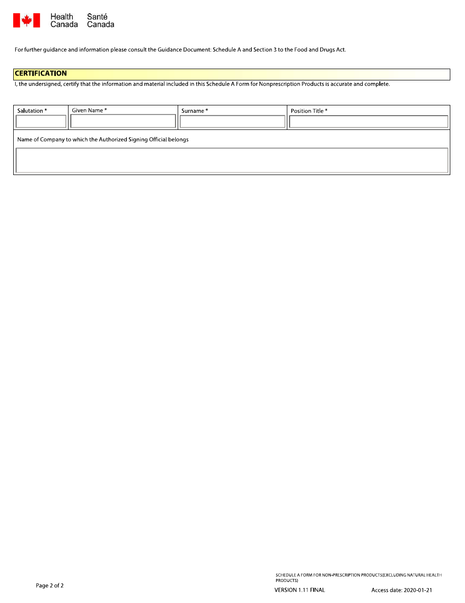 Schedule A Form for Nonprescription Products (Excluding Natural Health Products) - Canada (English / French), Page 2