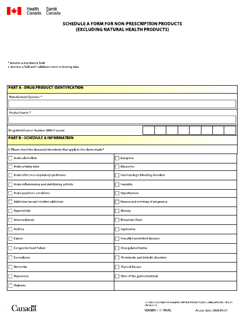Schedule A Form for Nonprescription Products (Excluding Natural Health Products) - Canada (English/French)