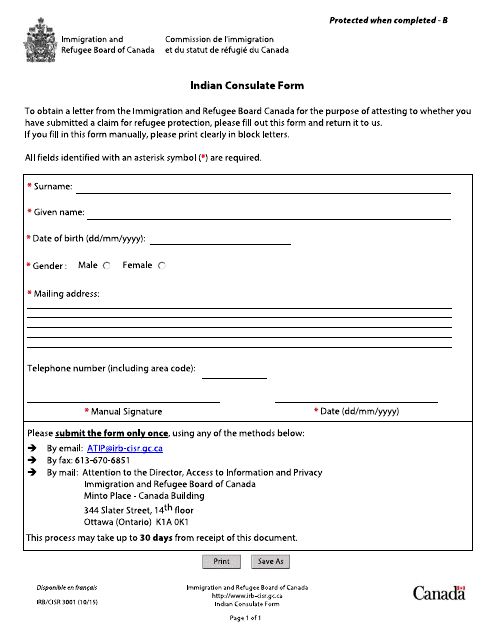 Form IRB/CISR3001 Indian Consulate Form - Canada