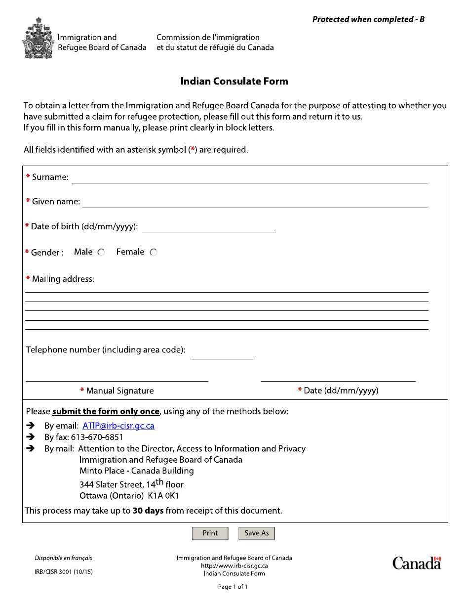 Form IRB / CISR3001 Indian Consulate Form - Canada, Page 1