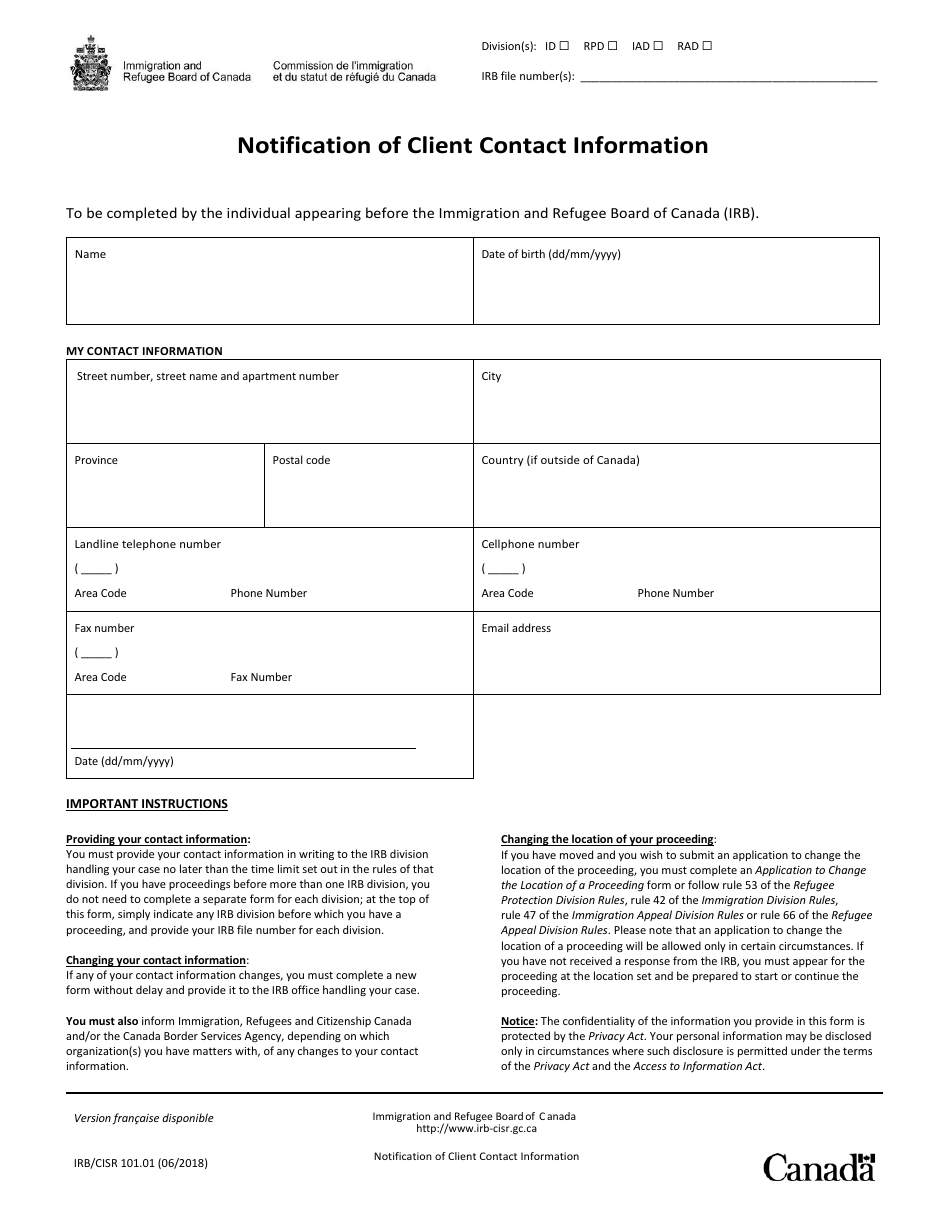 Form IRB / CISR101.01 Notification of Client Contact Information - Canada, Page 1