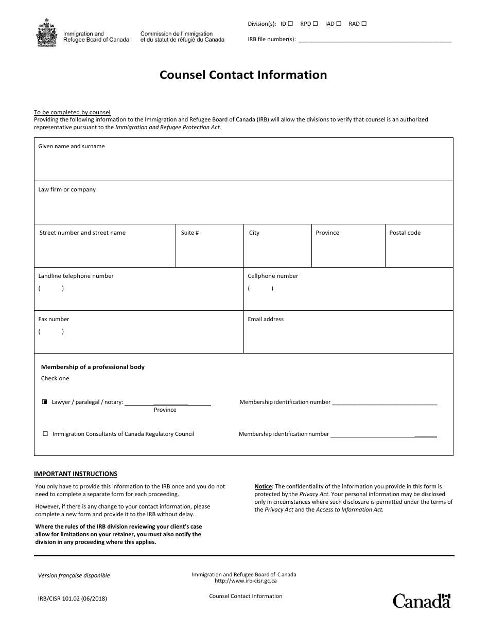 Form IRB / CISR101.02 Counsel Contact Information - Canada, Page 1
