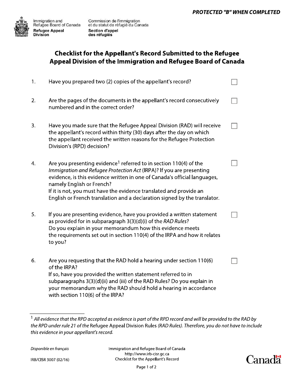 Form IRB / CISR3007 Checklist for the Appellants Record Submitted to the Refugee Appeal Division of the Immigration and Refugee Board of Canada - Canada, Page 1
