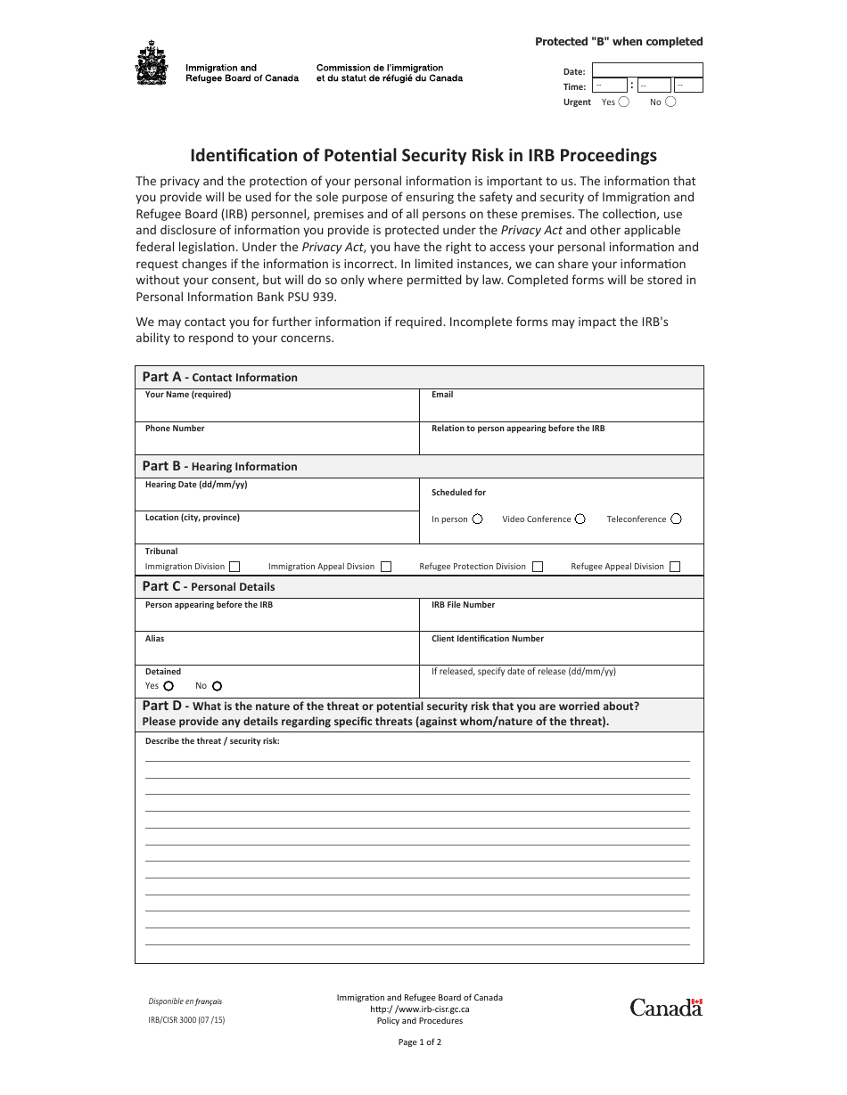 Form IRB / CISR3000 Identification of Potential Security Risk in Irb Proceedings - Canada, Page 1