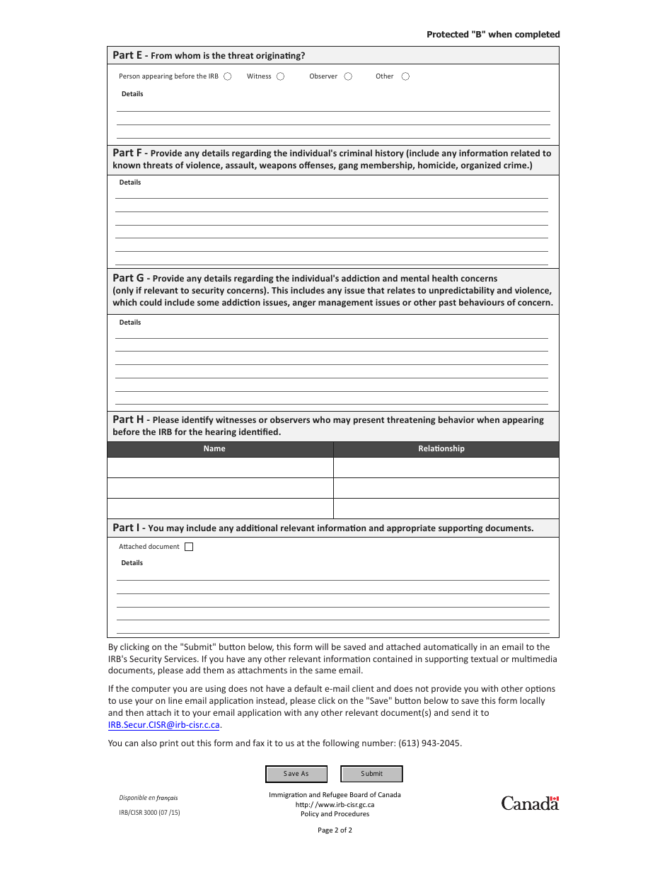 Form IRB / CISR3000 Identification of Potential Security Risk in Irb Proceedings - Canada, Page 2