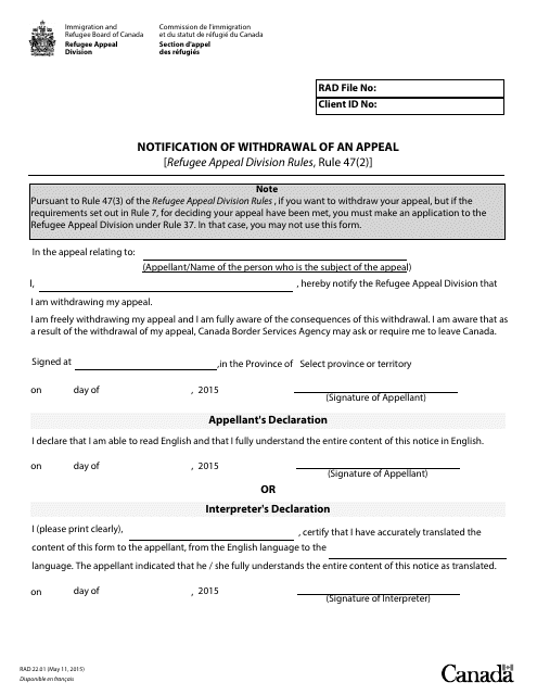 Form RAD.22.01 Notification of Withdrawal of an Appeal - Canada