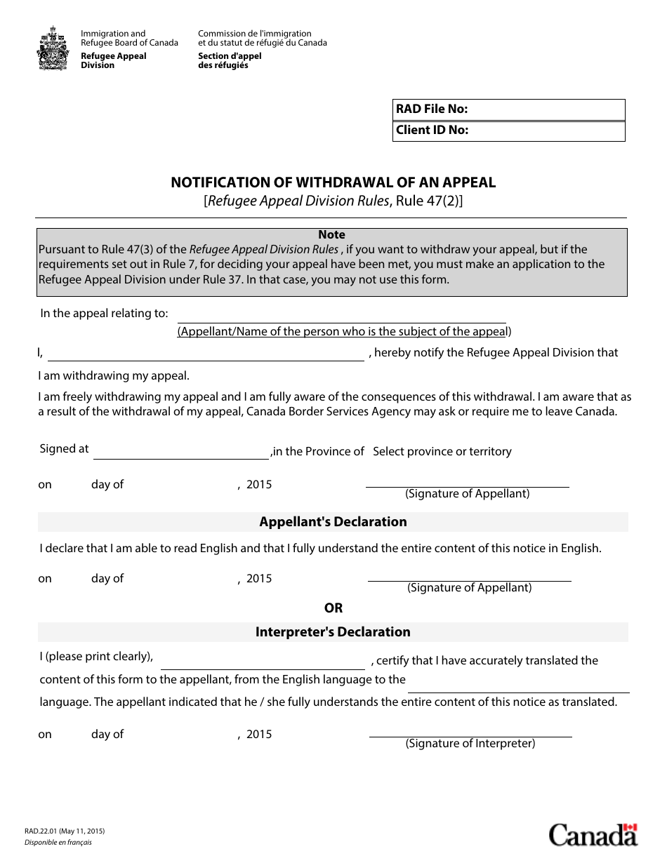 Form RAD.22.01 Notification of Withdrawal of an Appeal - Canada, Page 1