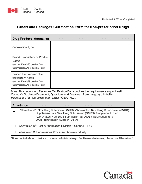 Labels and Packages Certification Form for Non-prescription Drugs - Canada Download Pdf