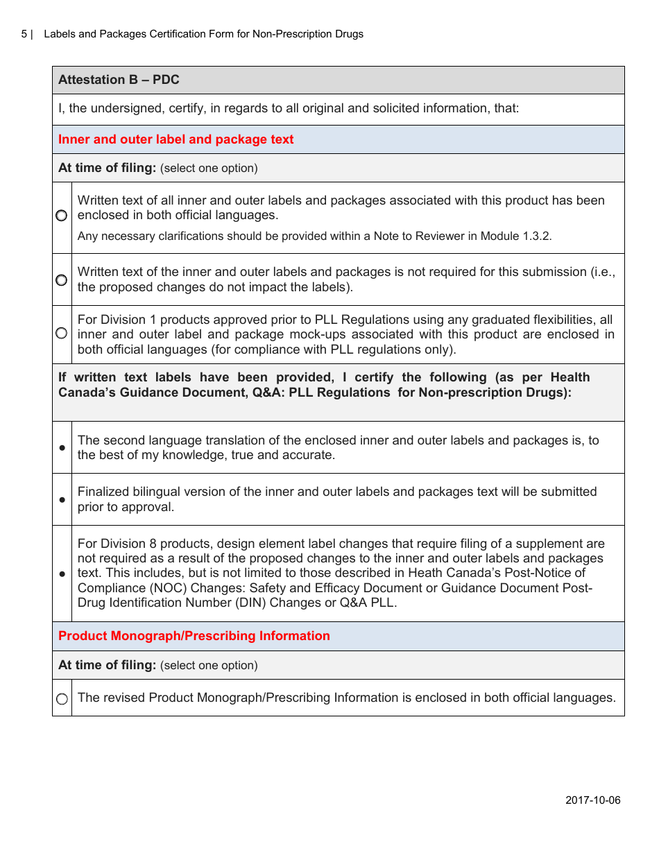 Labels and Packages Certification Form for Non-prescription Drugs - Canada, Page 5