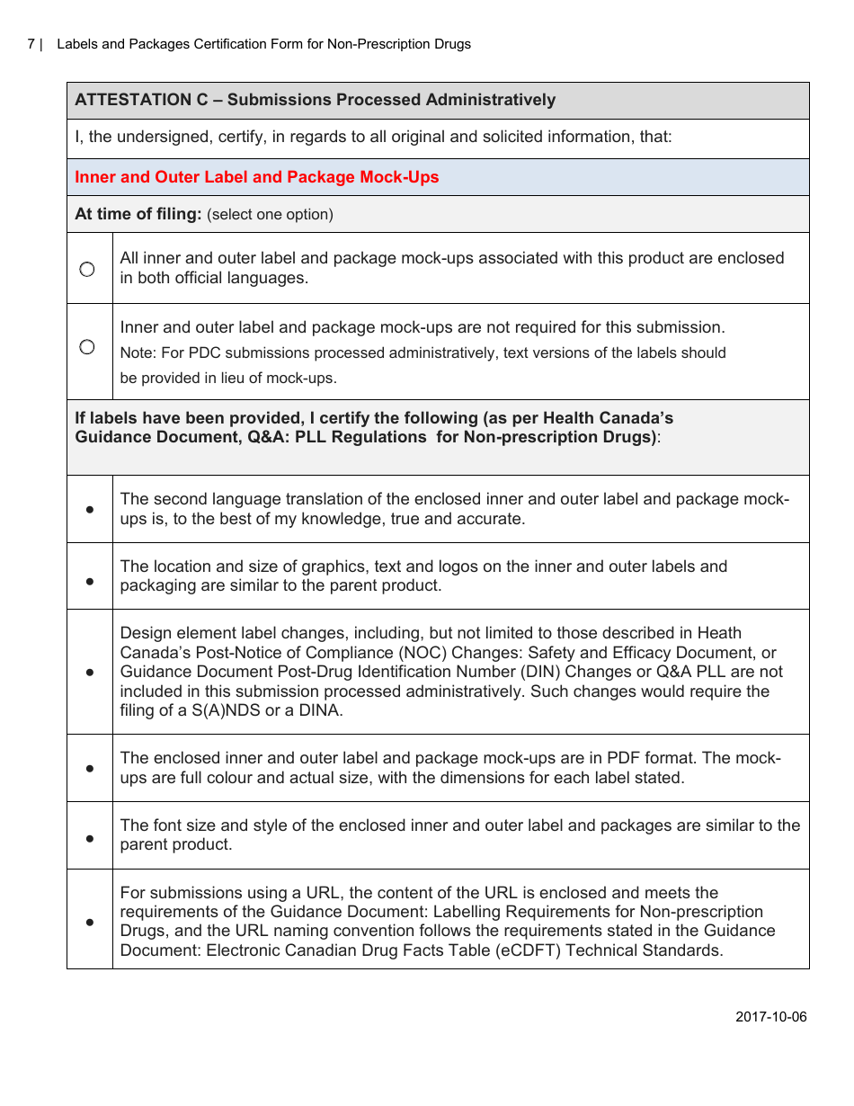 Labels and Packages Certification Form for Non-prescription Drugs - Canada, Page 7