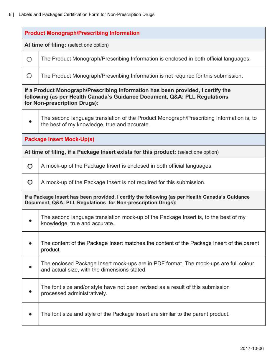 Labels and Packages Certification Form for Non-prescription Drugs - Canada, Page 8