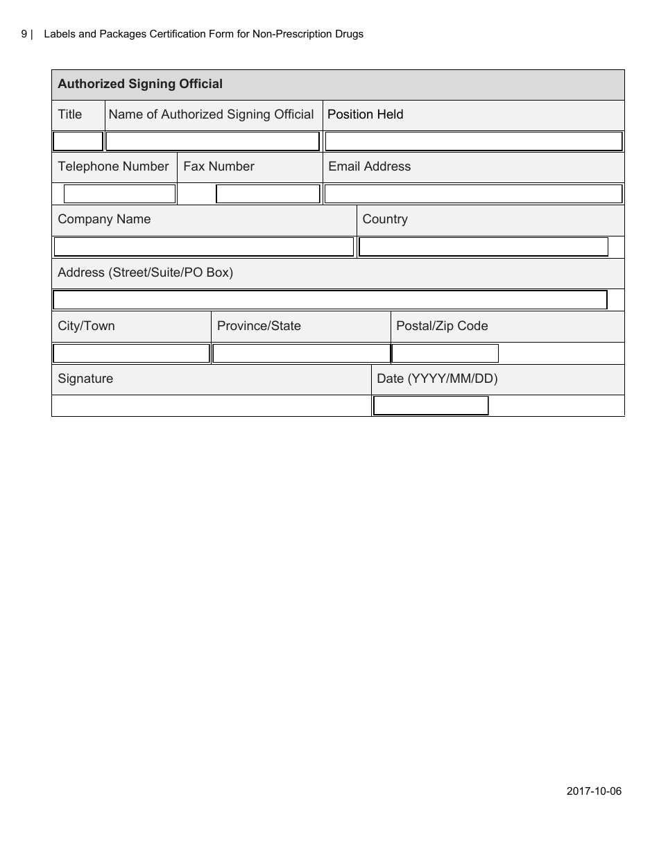 Labels and Packages Certification Form for Non-prescription Drugs - Canada, Page 9