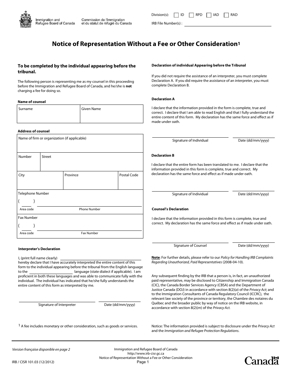 Form IRB / CISR101.03 Notice of Representation Without a Fee or Other Consideration - Canada (English / French), Page 1