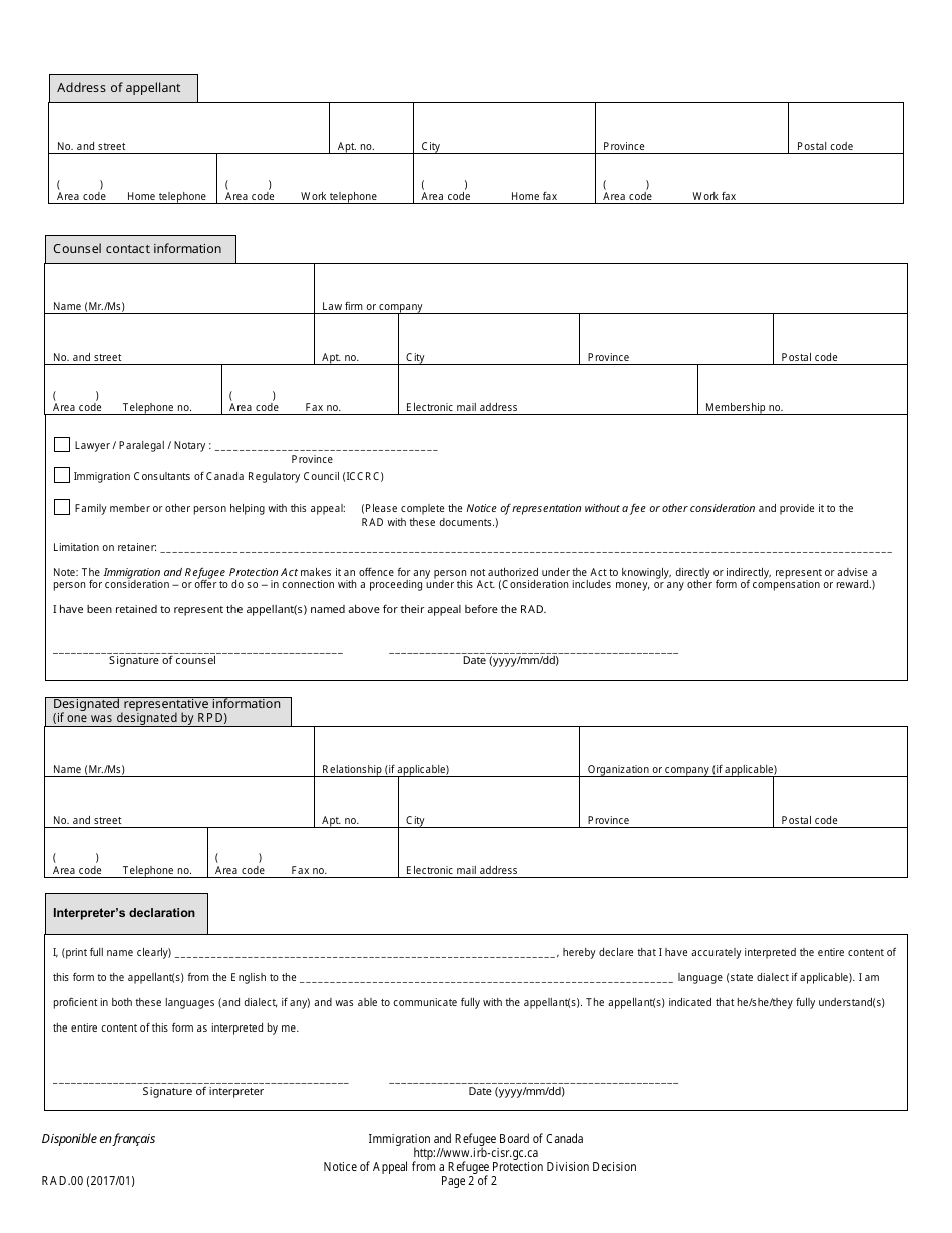 Form RAD.00 Notice of Appeal From a Refugee Protection Division Decision - Canada, Page 2