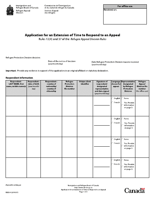 Form RAD.00 Application for an Extension of Time to Respond to an Appeal - Canada
