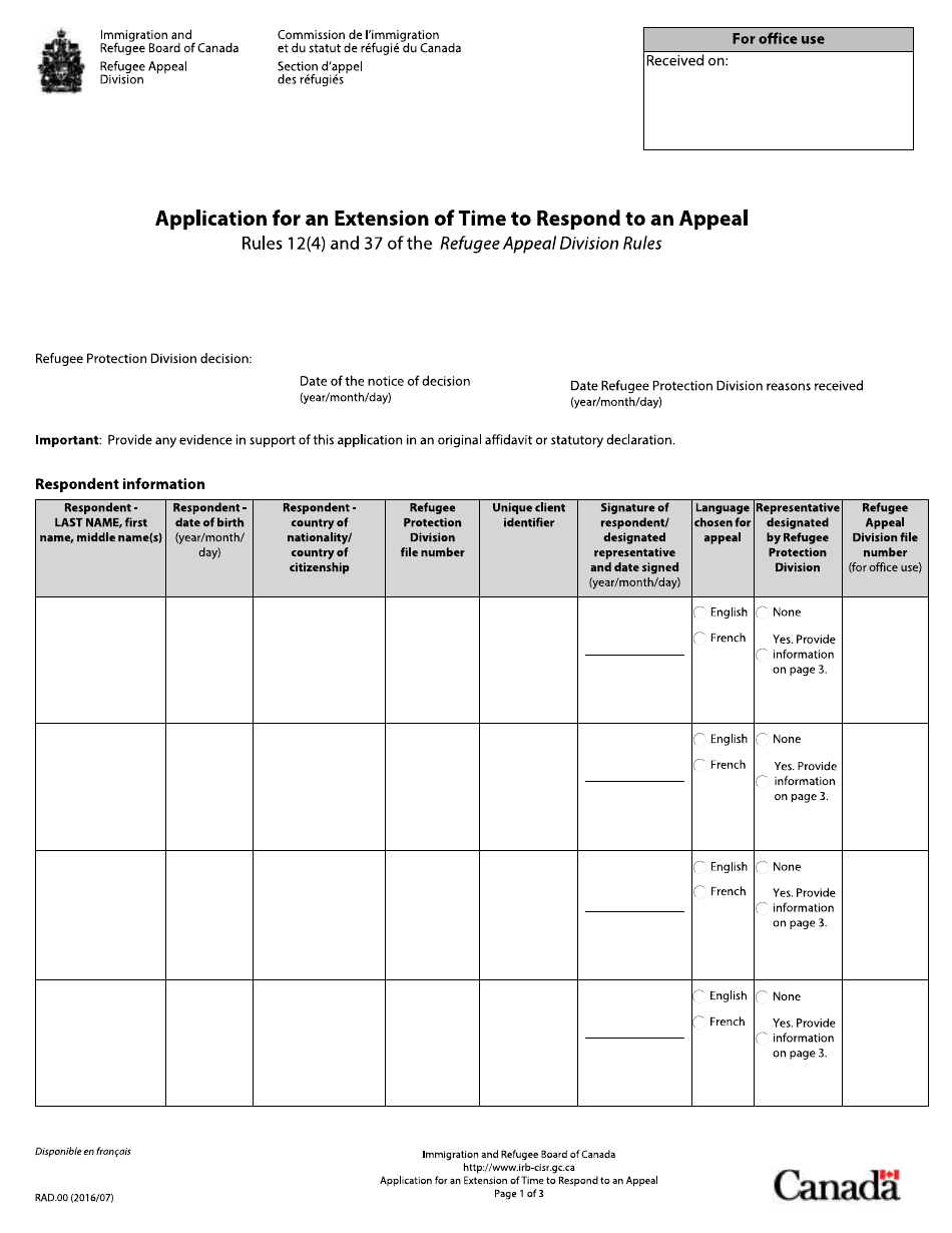 Form RAD.00 Application for an Extension of Time to Respond to an Appeal - Canada, Page 1