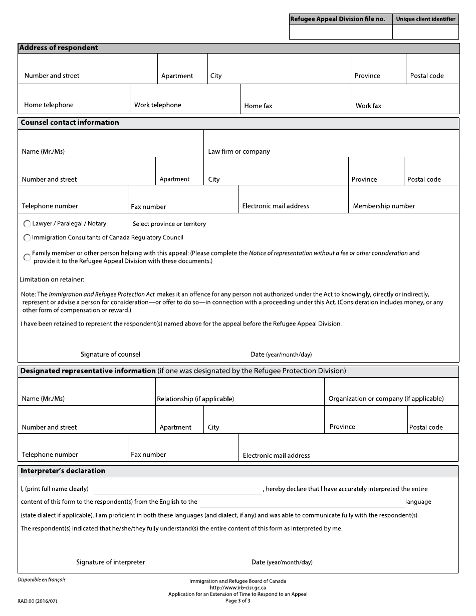 Form RAD.00 Application for an Extension of Time to Respond to an Appeal - Canada, Page 3