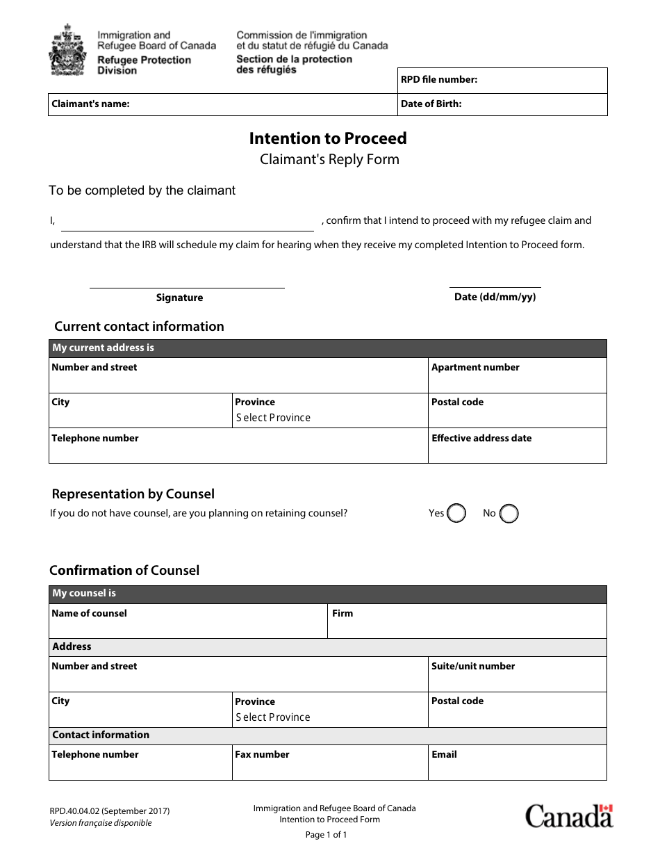 Form RPD.40.04.02 Intention to Proceed - Canada, Page 1