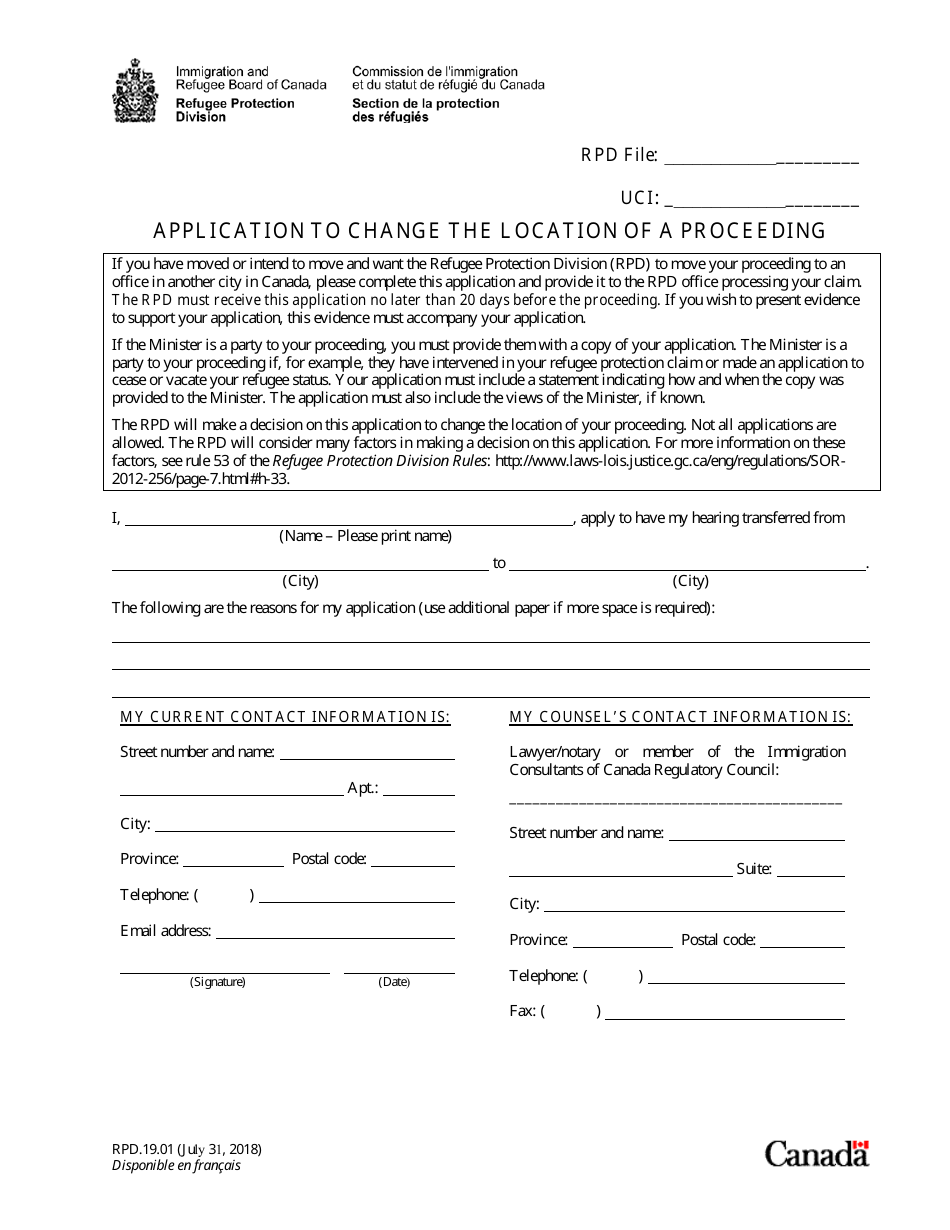 Form RAD.19.01 Application to Change the Location of a Proceeding - Canada, Page 1