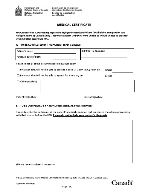 Form RPD.20.07 Medical Certificate - Canada