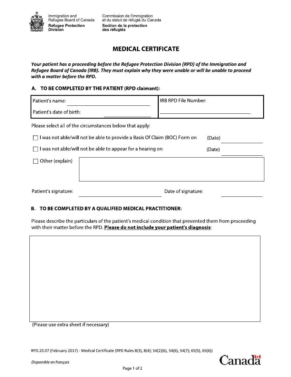 Form RPD.20.07 Medical Certificate - Canada, Page 1