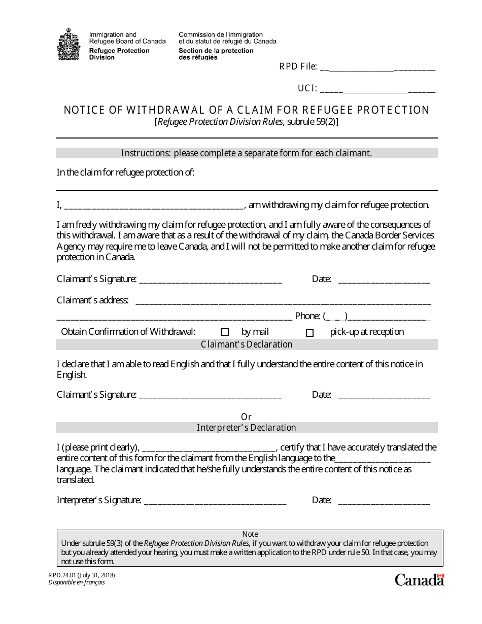 Form RPD.24.01 Notice of Withdrawal of a Claim for Refugee Protection - Canada, Page 1