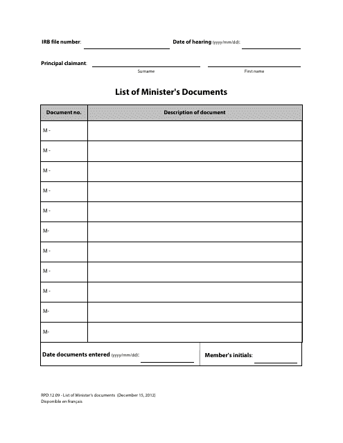Form RPD.12.09 List of Minister's Documents - Canada
