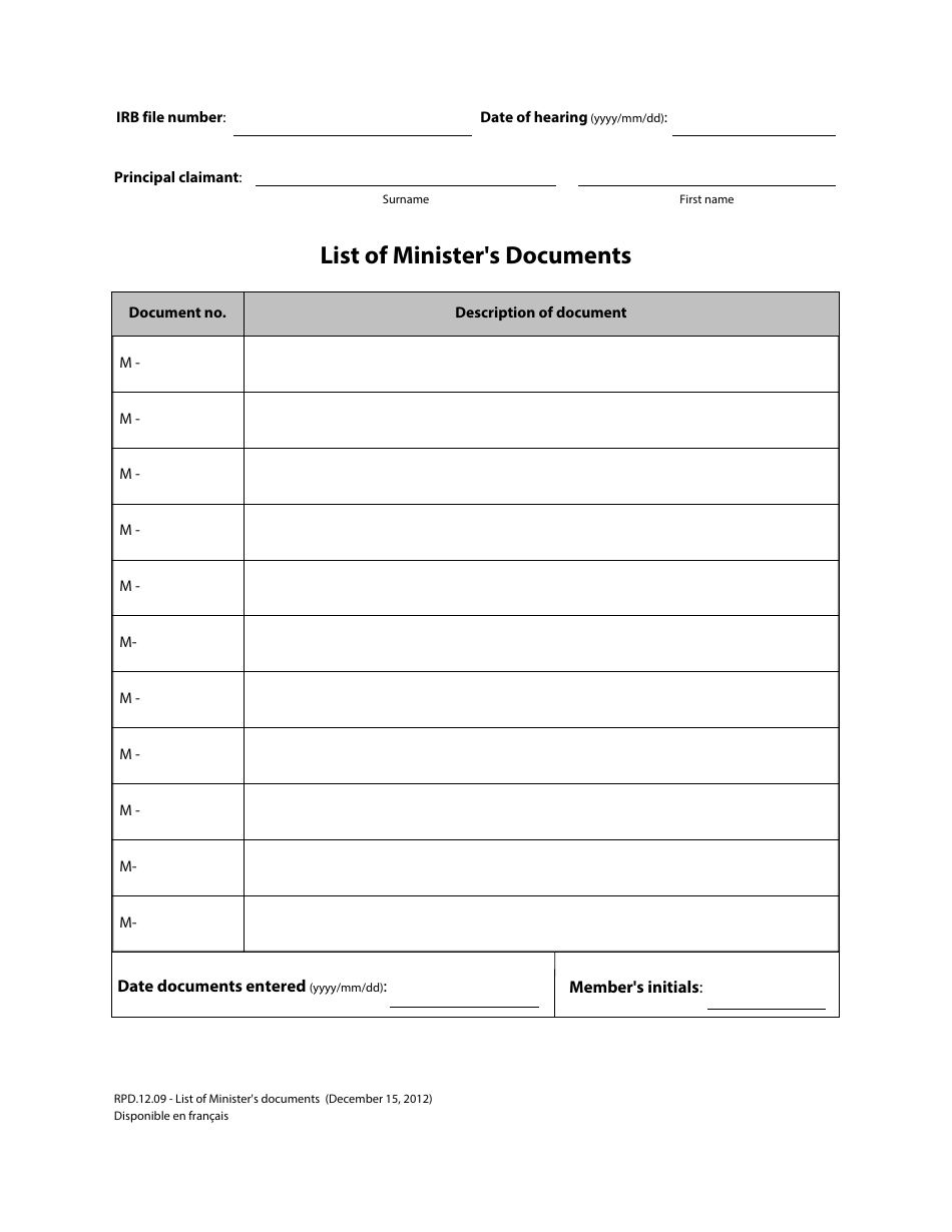 Form RPD.12.09 List of Ministers Documents - Canada, Page 1