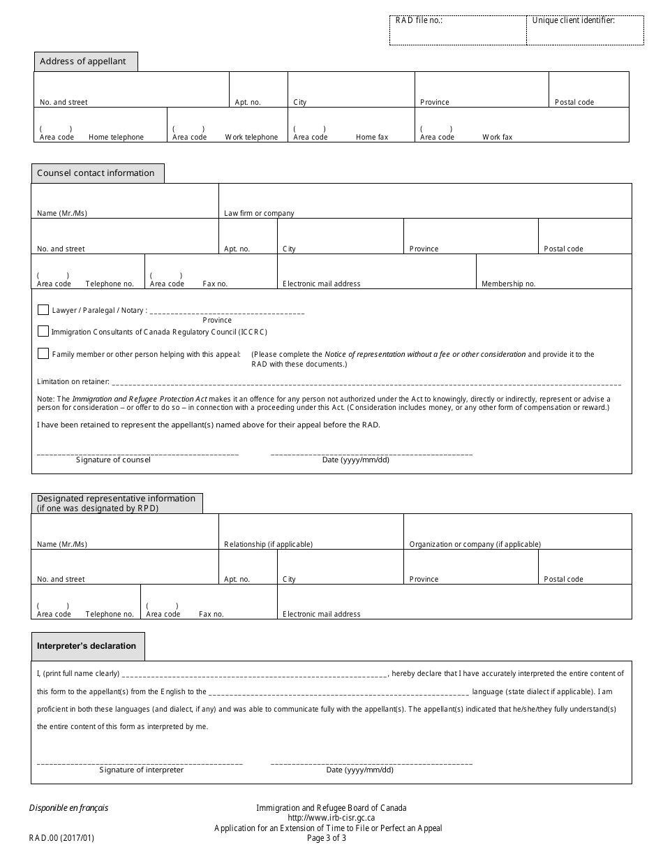 Form RAD.00 Application for an Extension of Time to File or Perfect an Appeal - Canada, Page 3