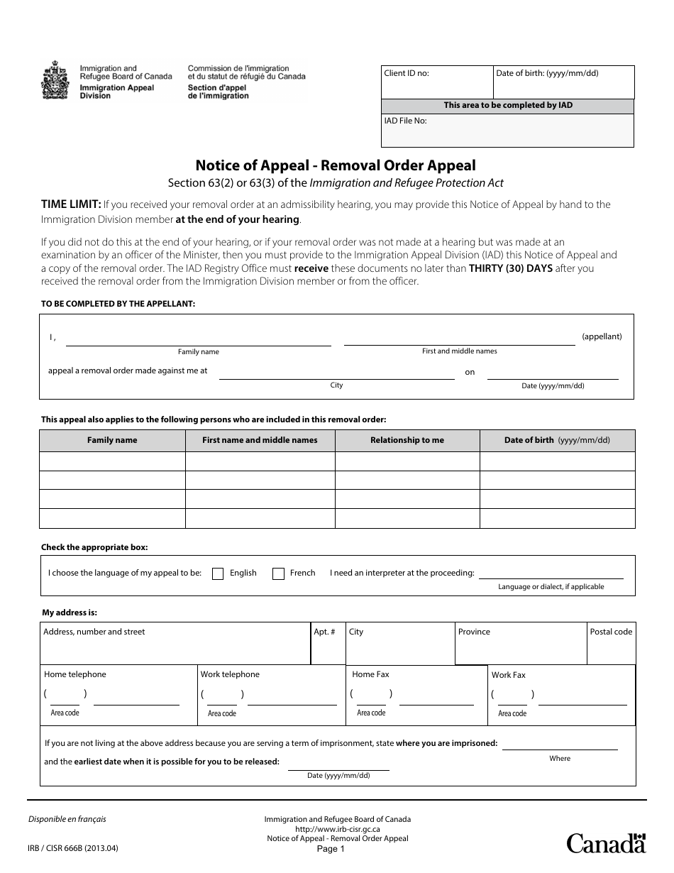 Form IRB / CISR666B Notice of Appeal - Removal Order Appeal - Canada, Page 1