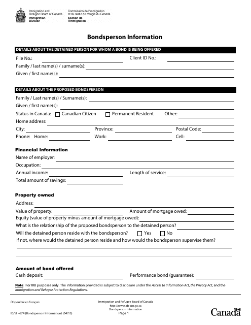 Form ID/SI-674 Bondsperson Information - Canada
