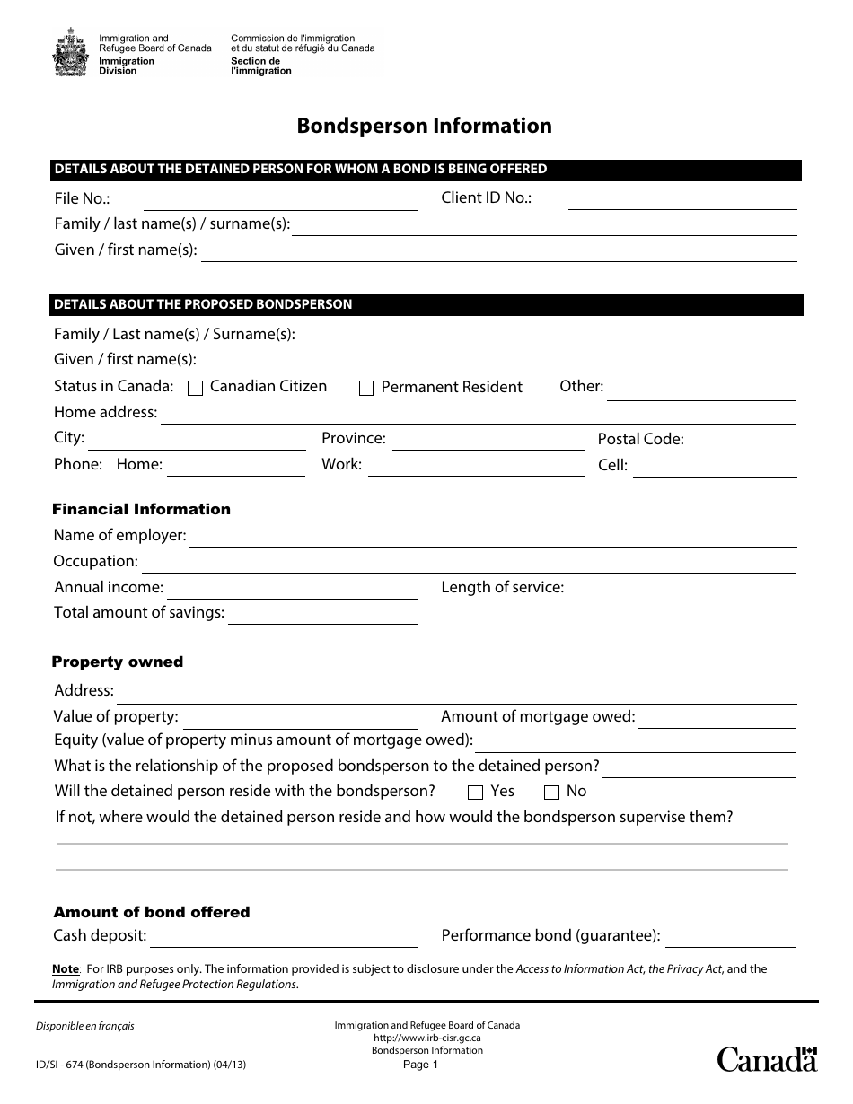 Form ID / SI-674 Bondsperson Information - Canada, Page 1