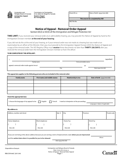 Form IRB/CISR666C Notice of Appeal - Removal Order Appeal - Canada
