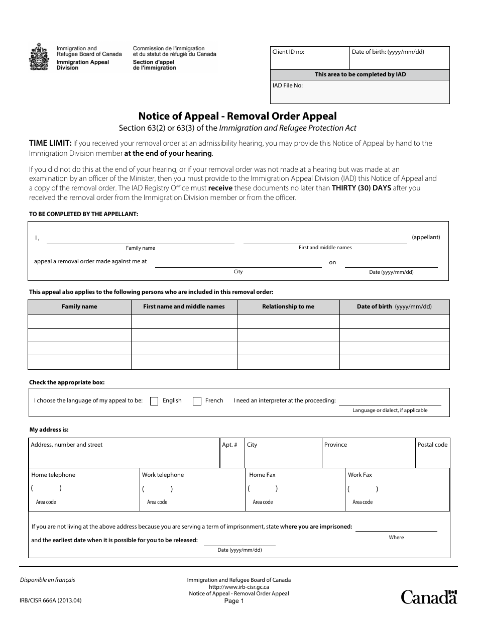 Form IRB / CISR666A Notice of Appeal - Removal Order Appeal - Canada, Page 1