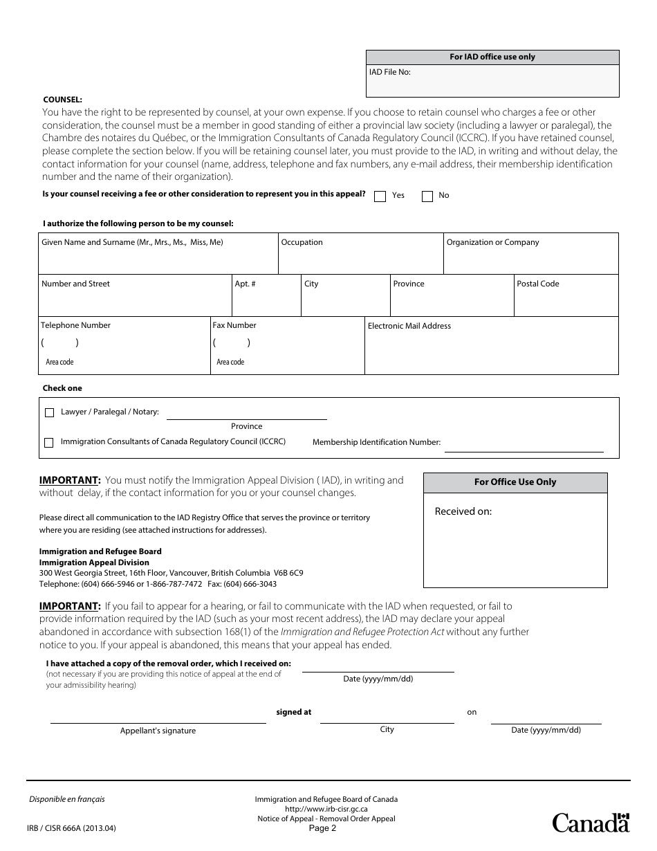 Form IRB / CISR666A Notice of Appeal - Removal Order Appeal - Canada, Page 2