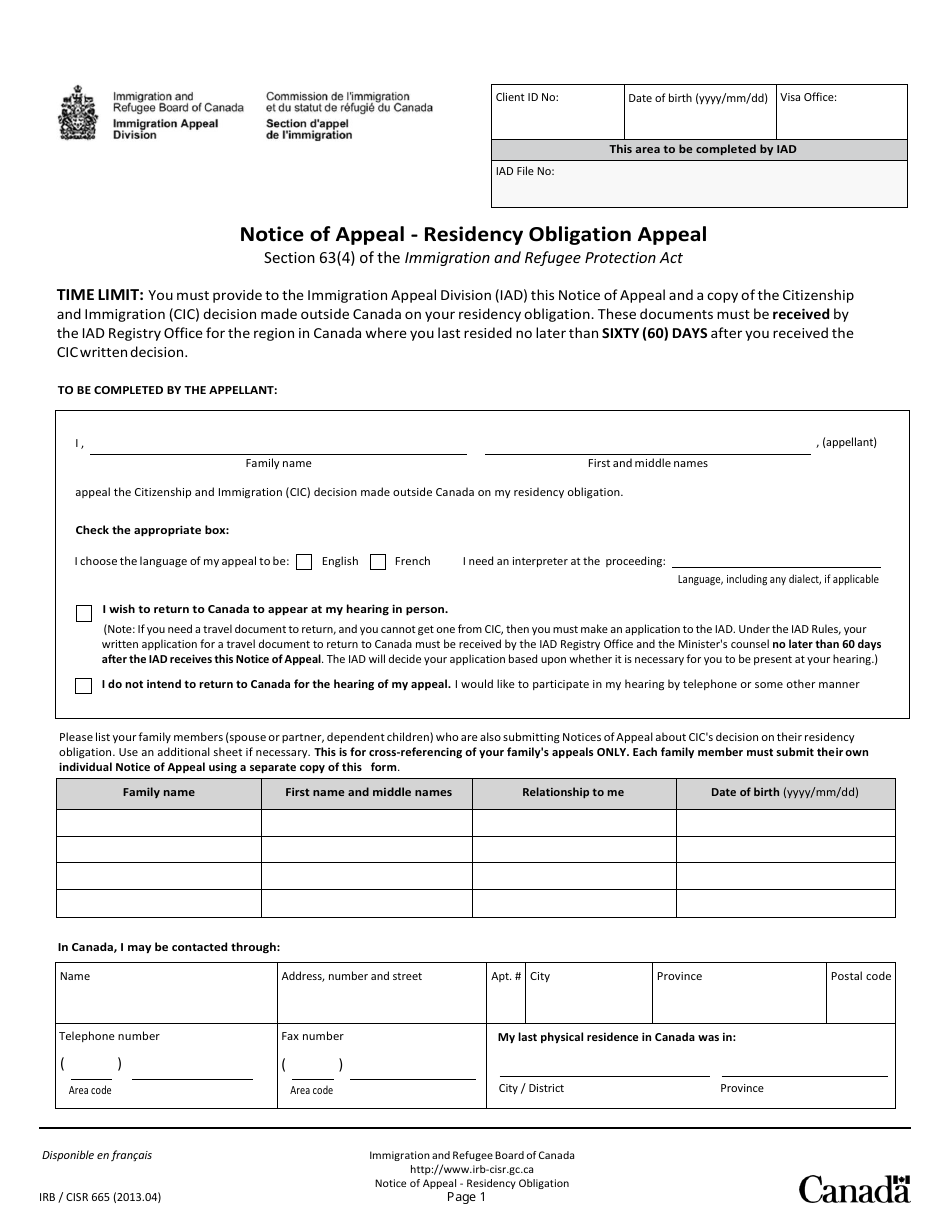 Form IRB / CISR665 Notice of Appeal - Residency Obligation Appeal - Canada, Page 1