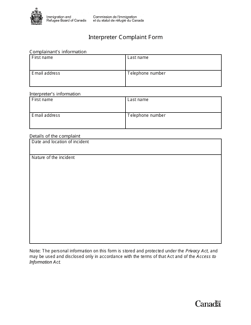 Interpreter Complaint Form - Canada Download Pdf