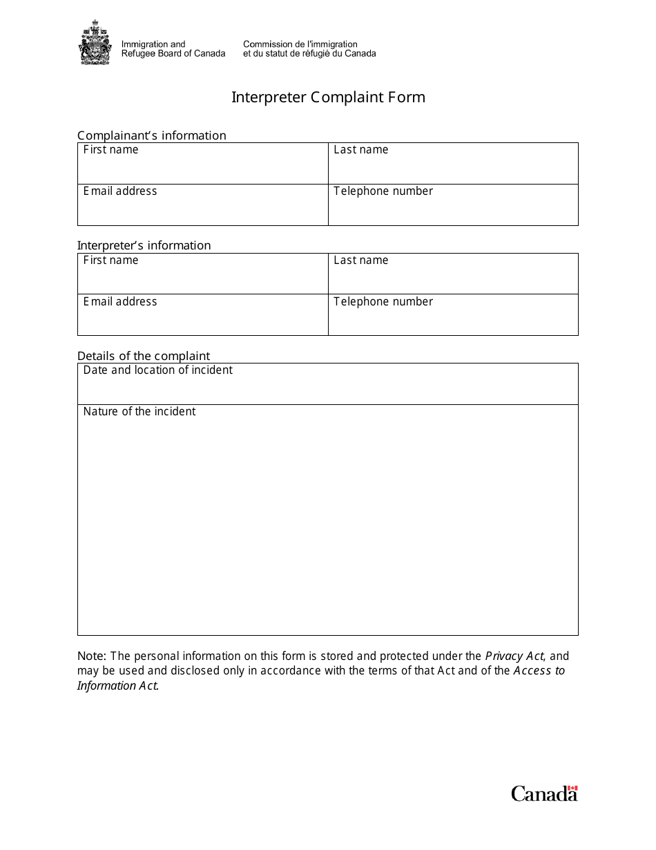 Interpreter Complaint Form - Canada, Page 1