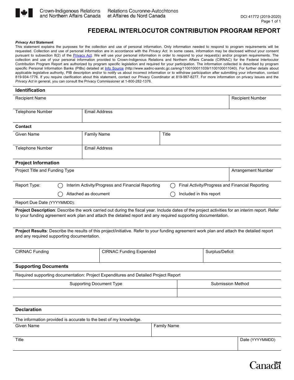 Form DCI41772 Federal Interlocutor Contribution Program Report - Canada, Page 1