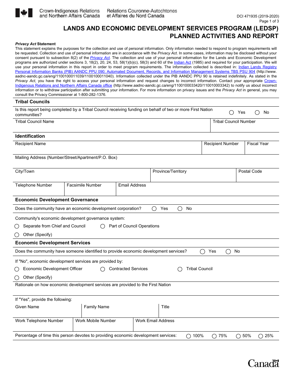 Form DCI471935 Lands and Economic Development Services Program (Ledsp) Planned Activities and Report - Canada, Page 1