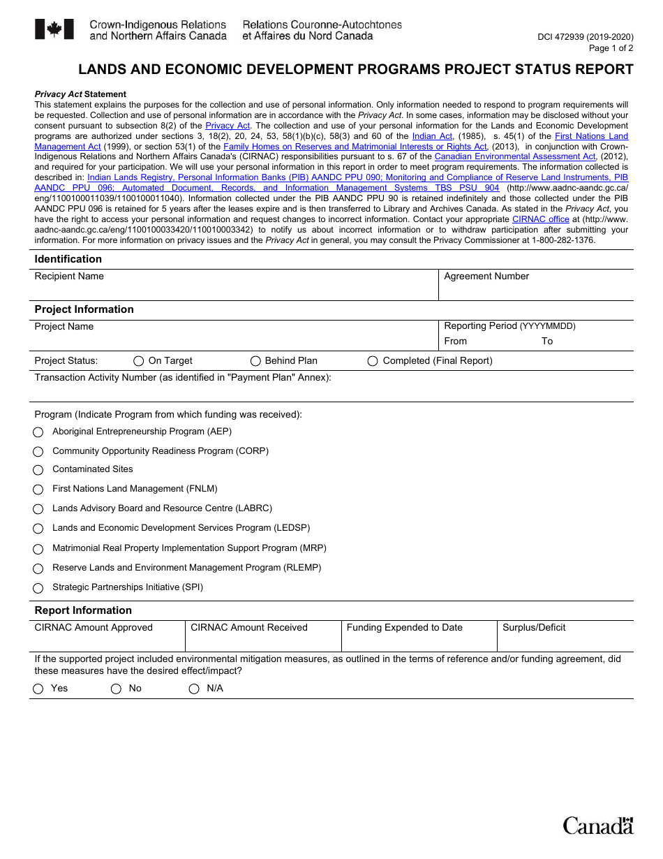 Form DCI472939 Lands and Economic Development Programs Project Status Report - Canada, Page 1