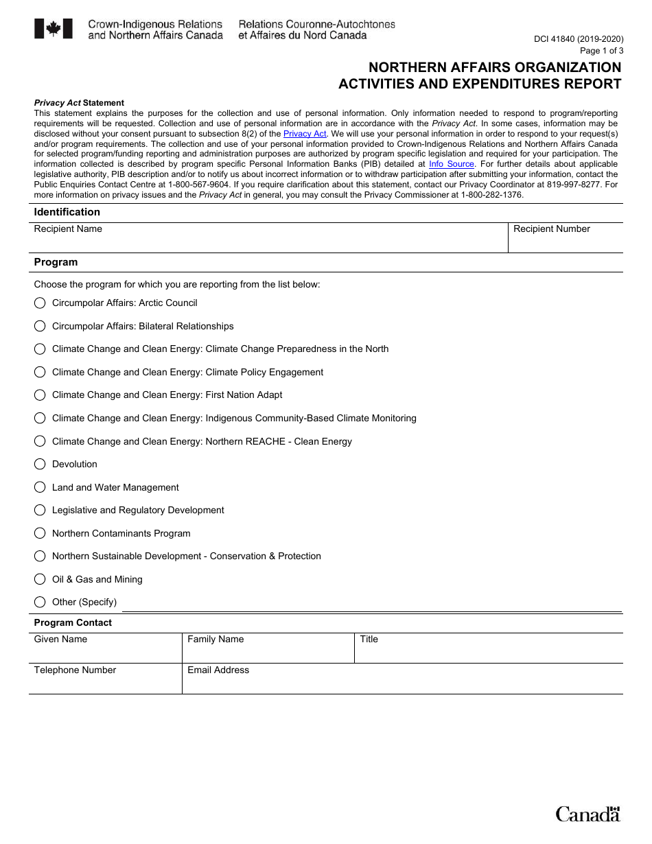 Form DCI41840 Northern Affairs Organization Activities and Expenditures Report - Canada, Page 1