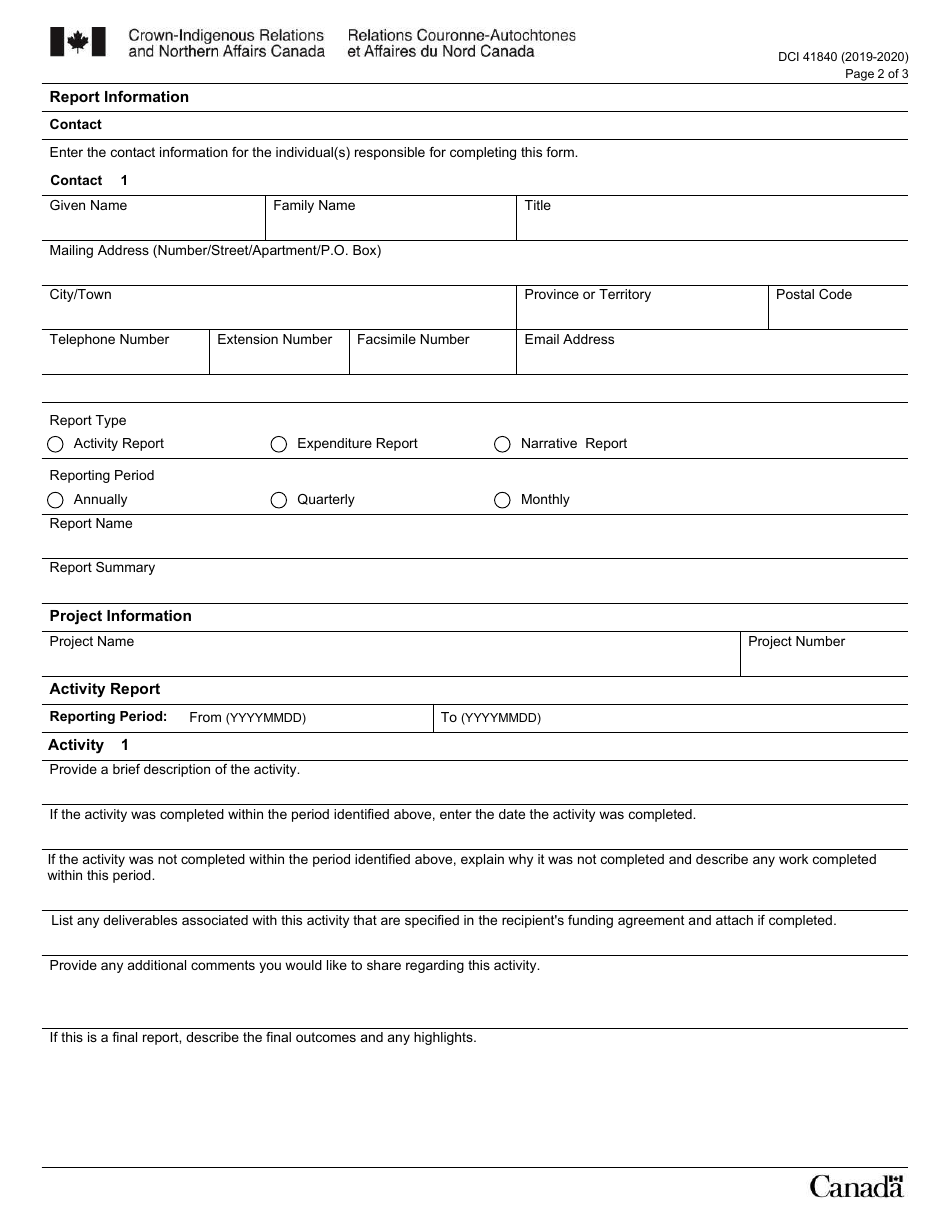 Form DCI41840 Northern Affairs Organization Activities and Expenditures Report - Canada, Page 2