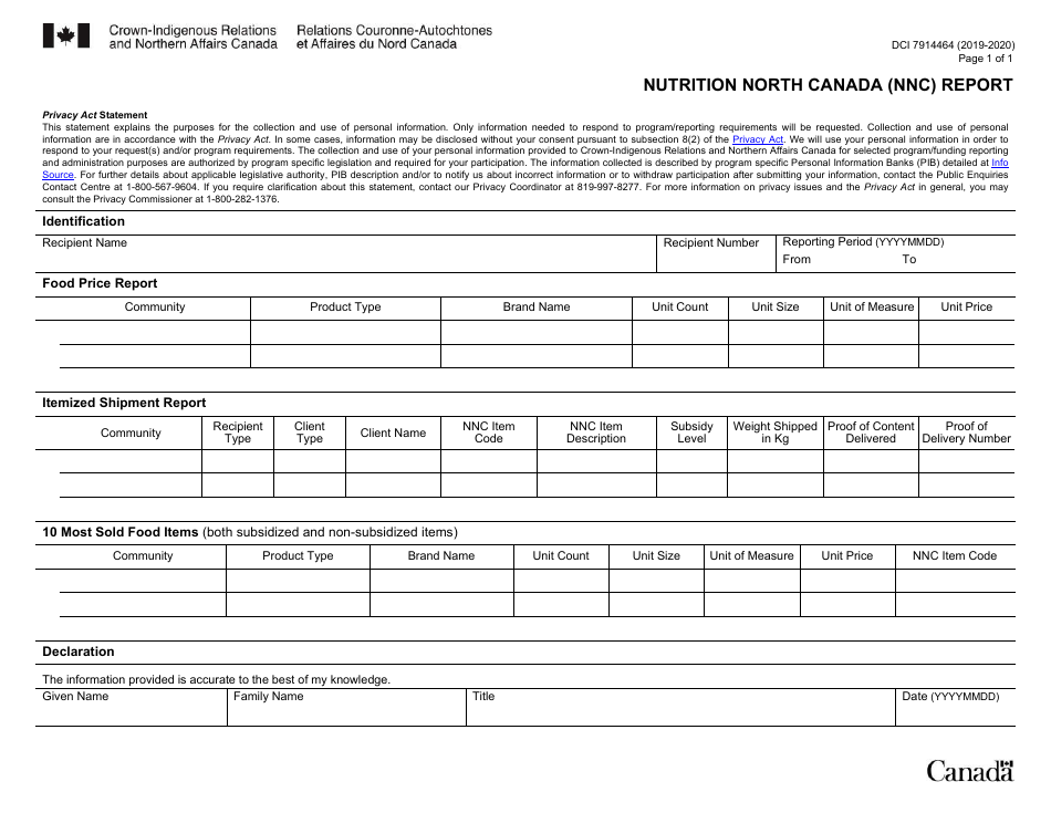Form DCI7914464 Nutrition North Canada (Nnc) Report - Canada, Page 1